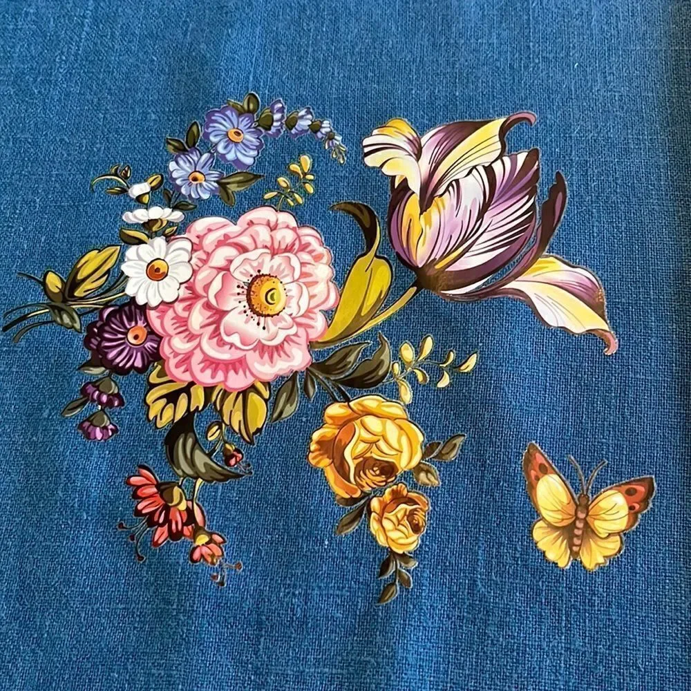 IKEA Blue Upcycled Pillow Covers w/ Floral Transfers w/ Zipper Closure- 2 pcs.